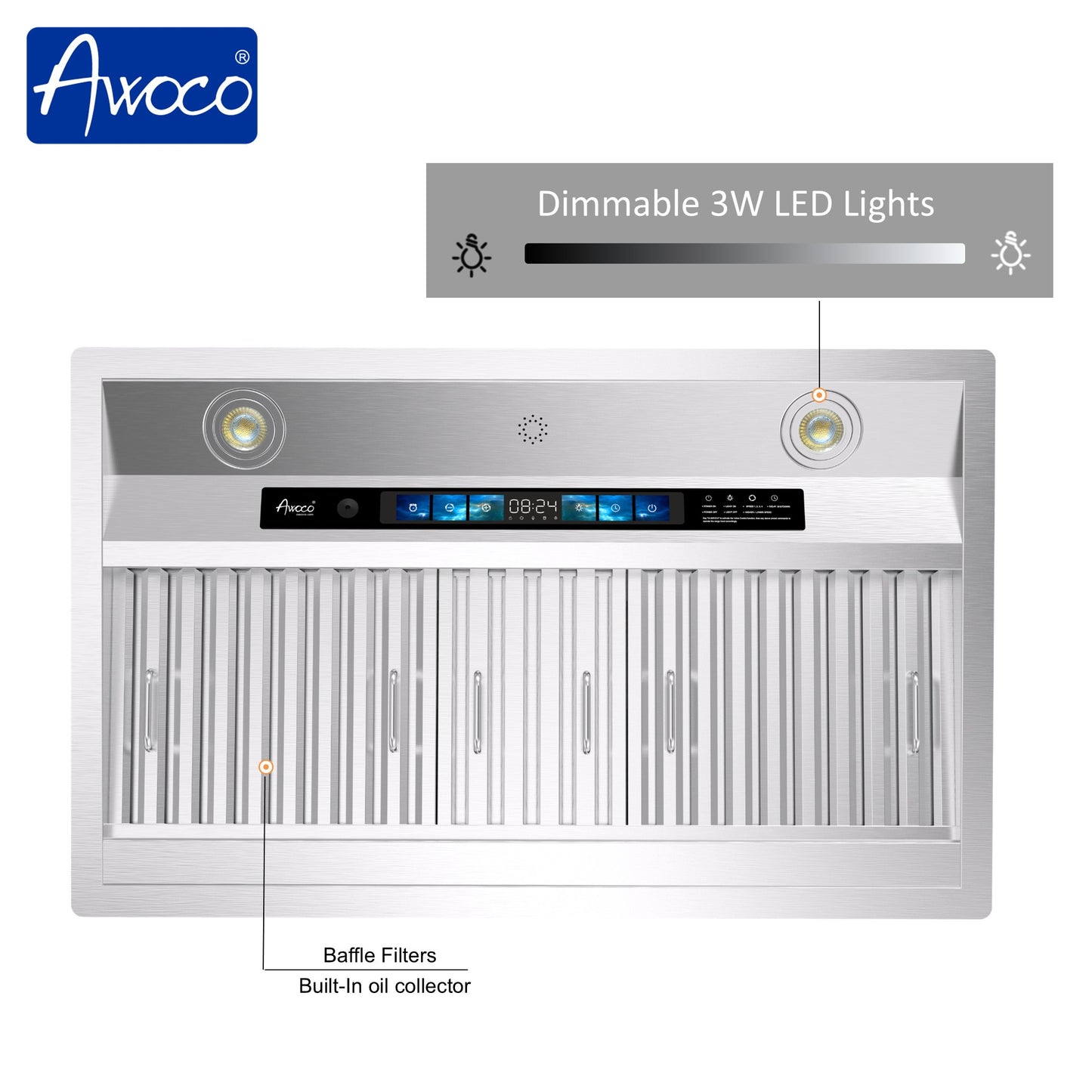 Dimmable 3W LED lights and baffle filters, built-in oil collector