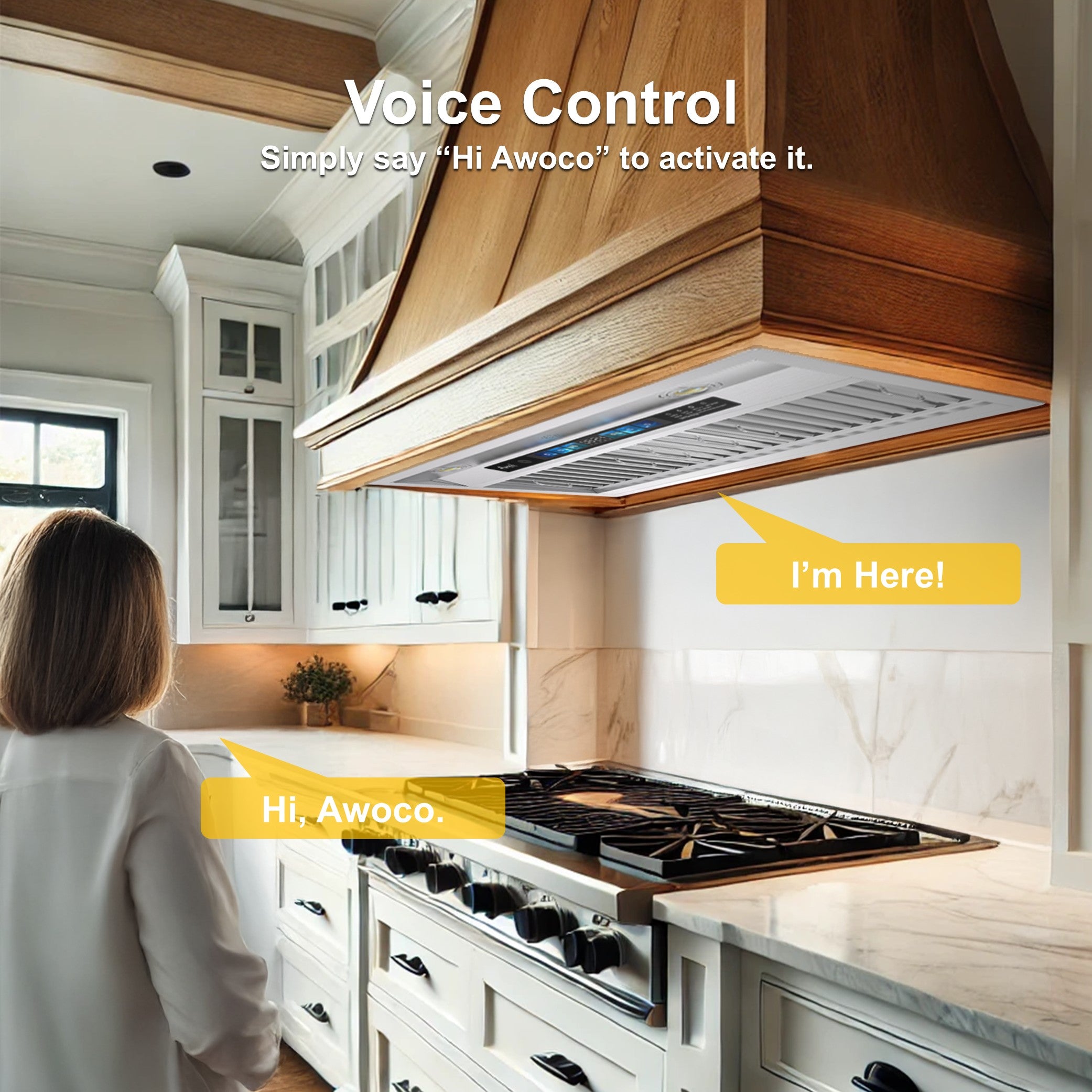 Kitchen with a range hood featuring voice control