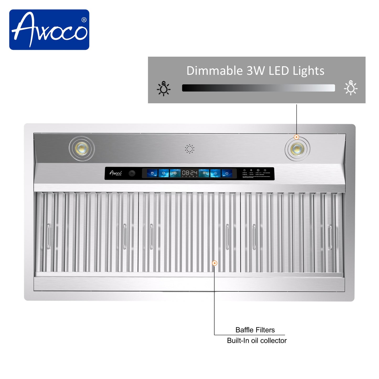 RH-BQ-XV 36 Inch Range Hood Insert with big Colorful Touch Screen, Dimmable 3W Led Light, and dishwasher safe baffle filter