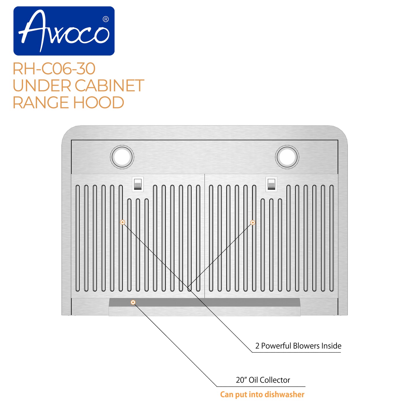 RH-C06-30 Under Cabinet Range Hood with 20 inch Oil Collector and Powerful Blowers 