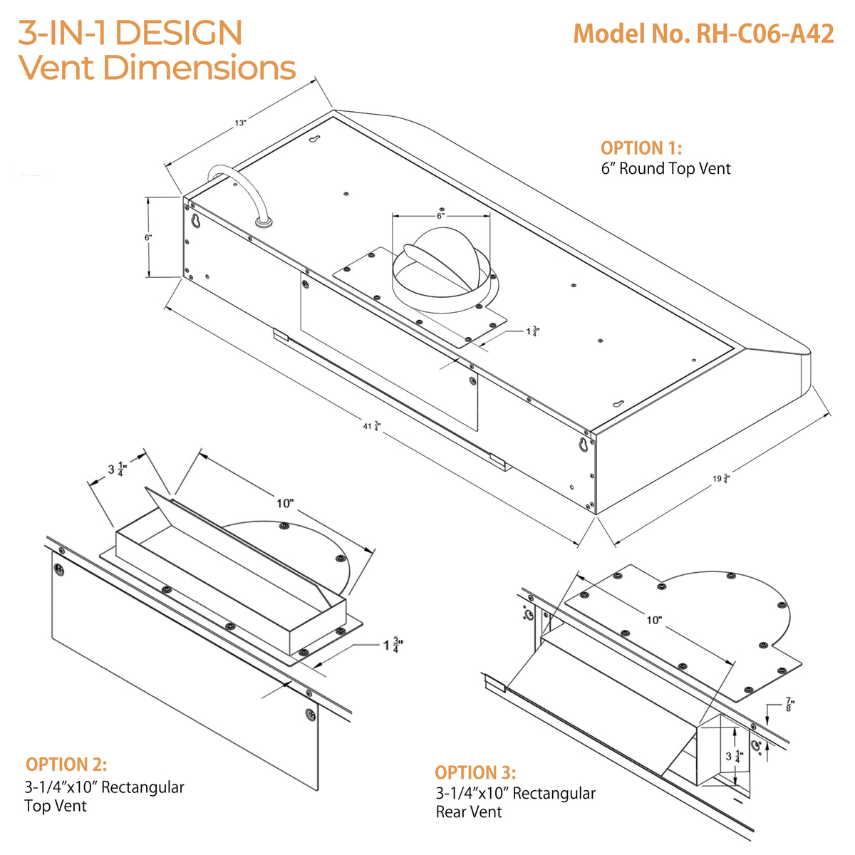 RH-C06-A 42 inch Under Cabinet Range Hood 3-in-1 design vent dimensions