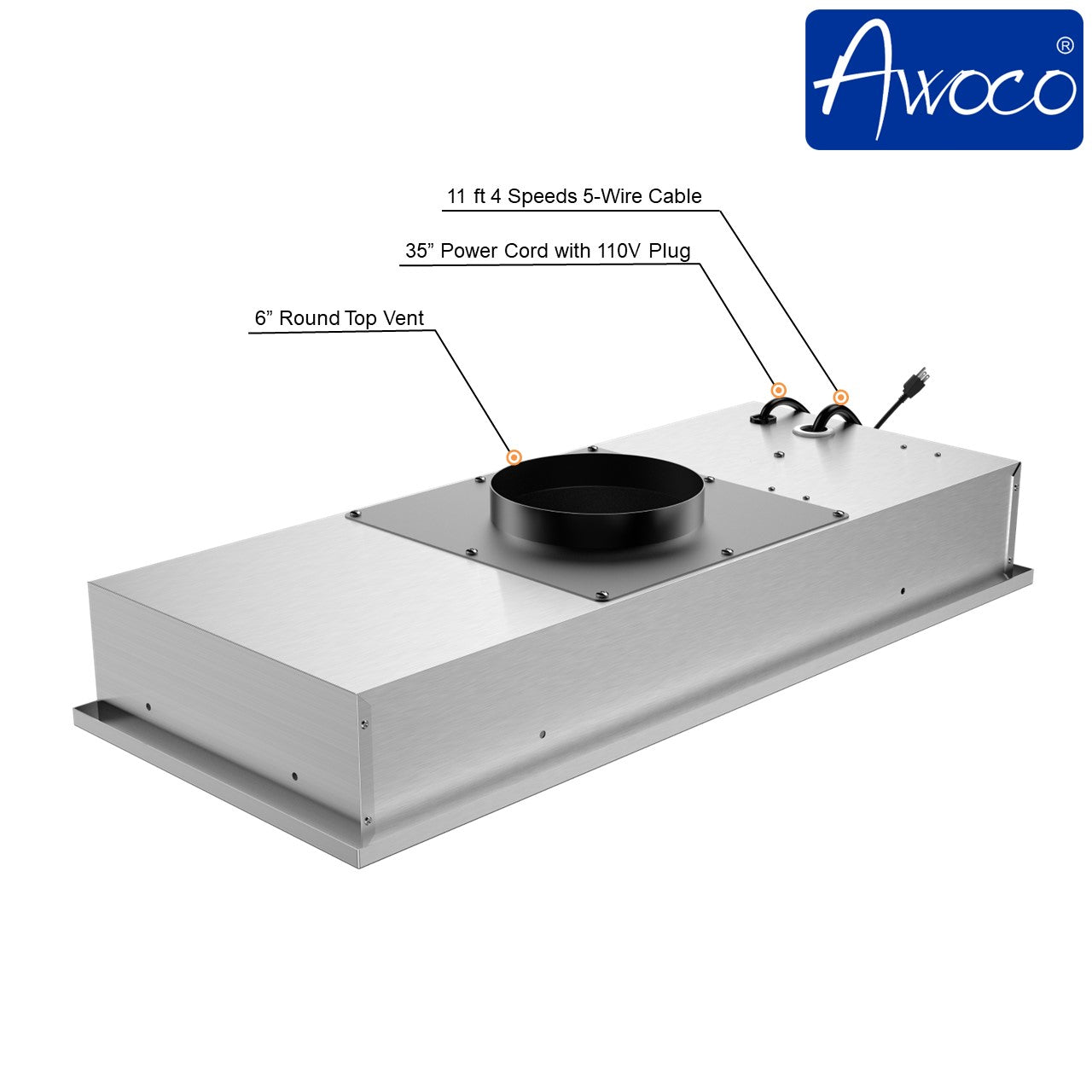 35" power cord with 110V plug and 6" round top vent