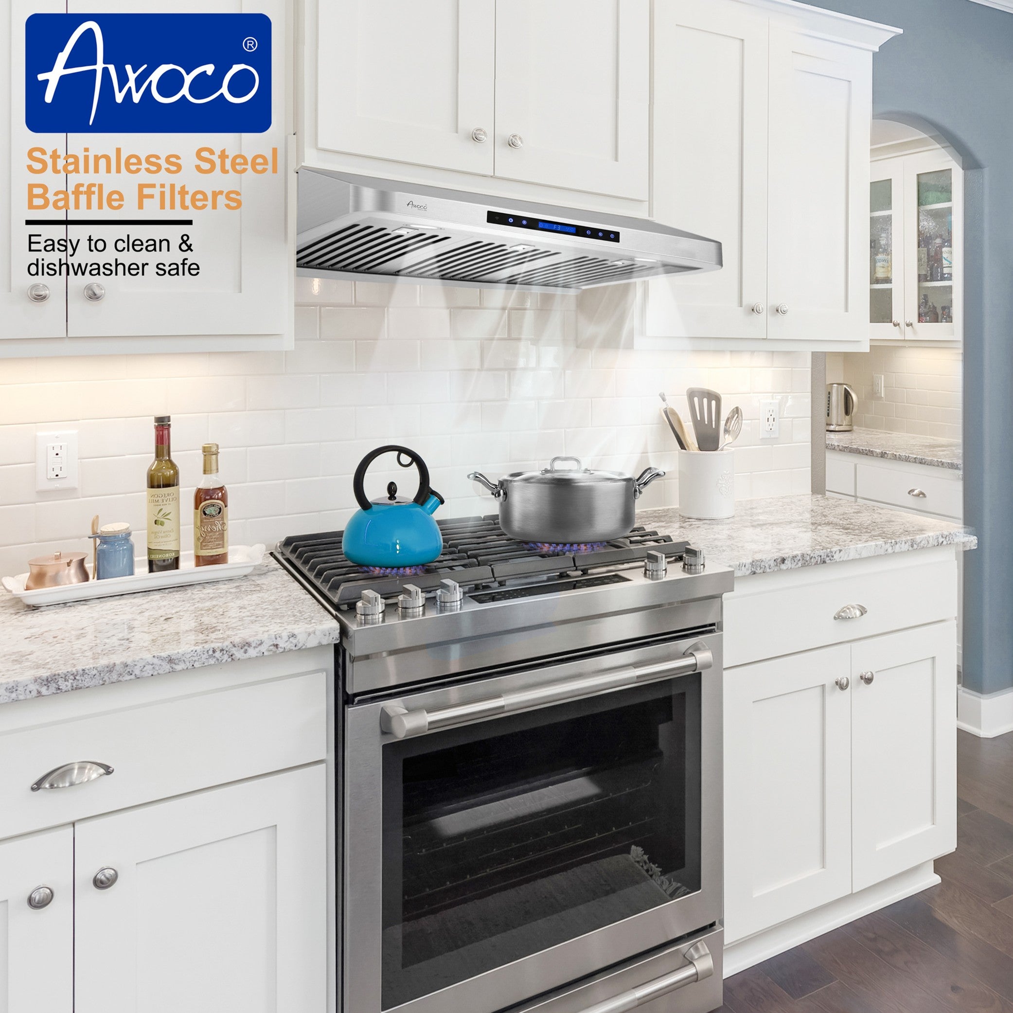 Stainless steel range with baffle filters in a kitchen setting