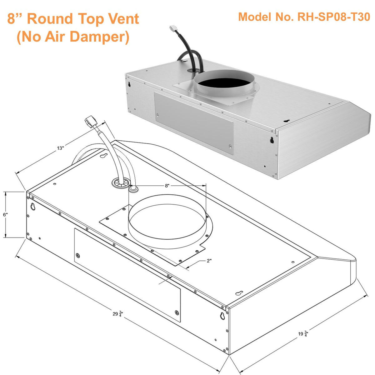 30 Inch Quiet Split Range Hood 8inch Top Vent