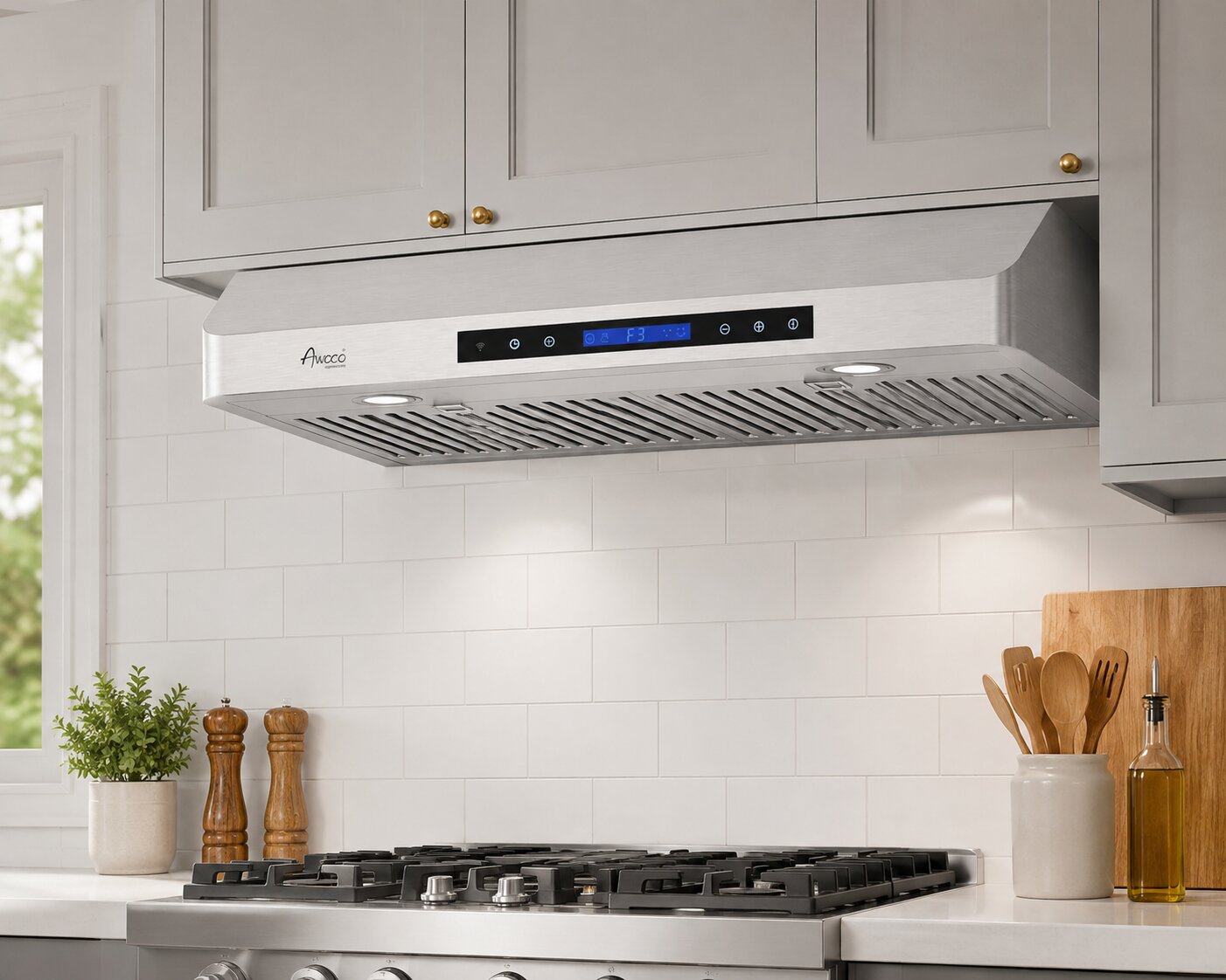 A stainless steel range hood 