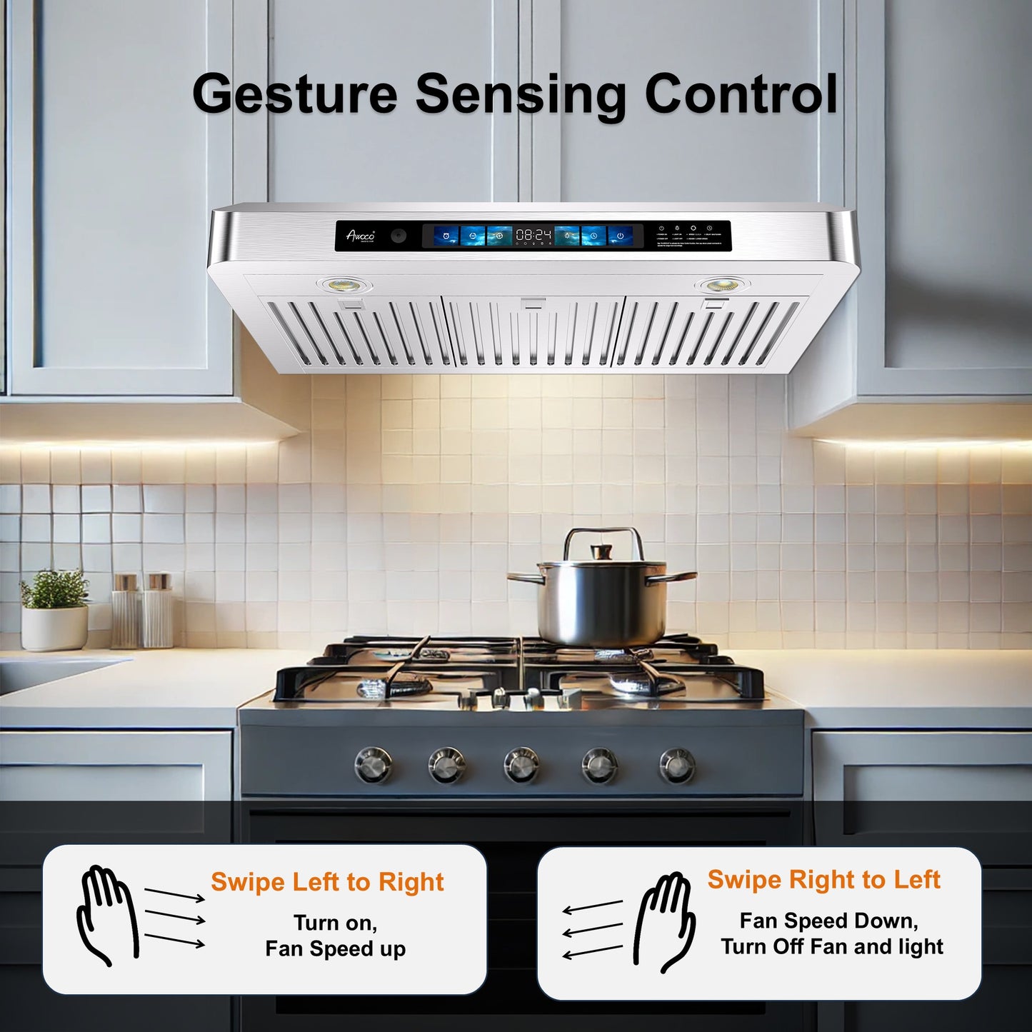 Awoco 30 Inch Stainless Steel Under Cabinet Range Hood with gesture Control