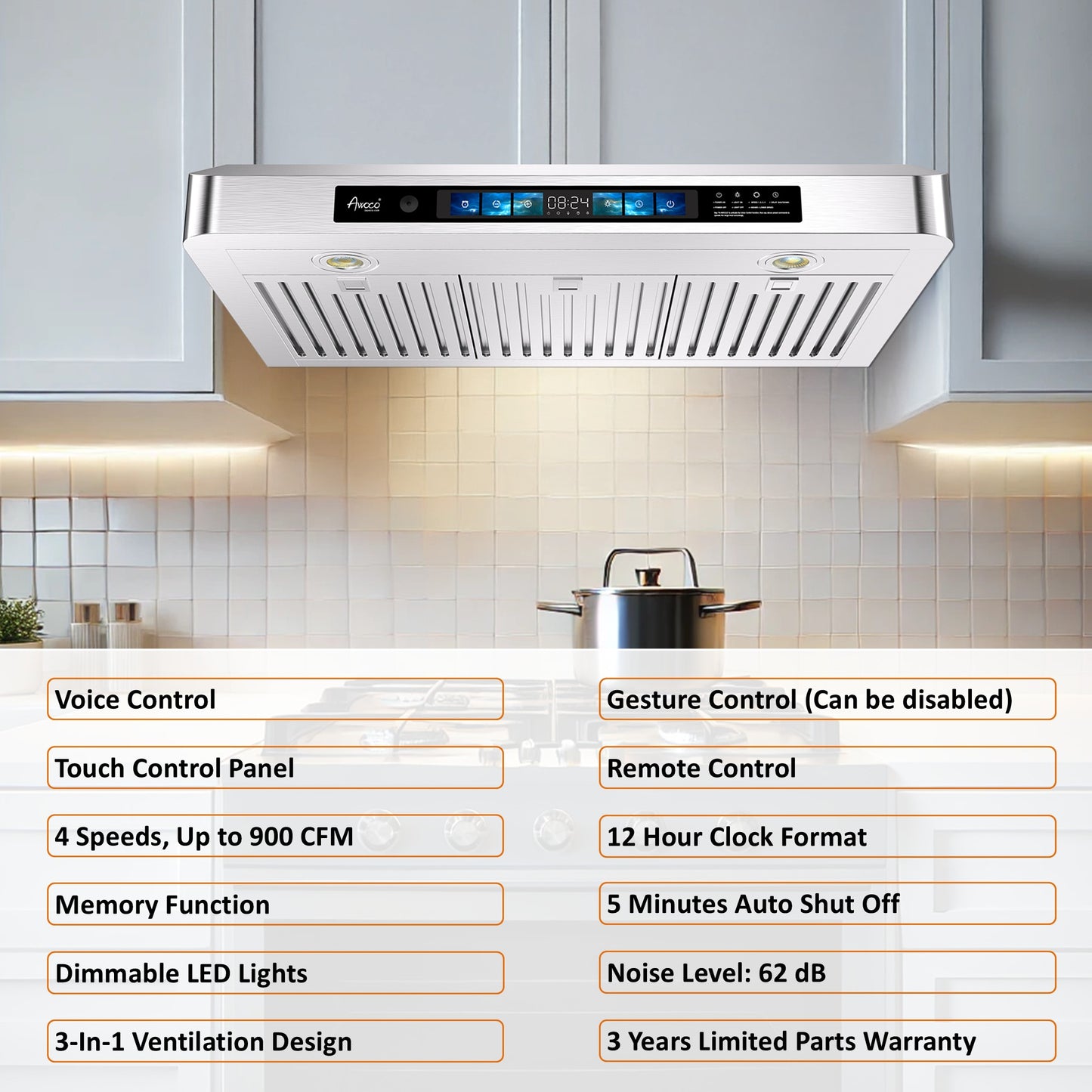 Awoco 30 inch Stainless Steel Under Cabinet Range Hood with Smart Control 