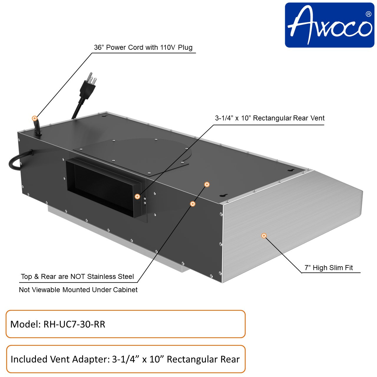 Awoco 36 inch Black Stainless Steel under cabinet range hood with 3-1/4" x 10" rear Rectangular Vent