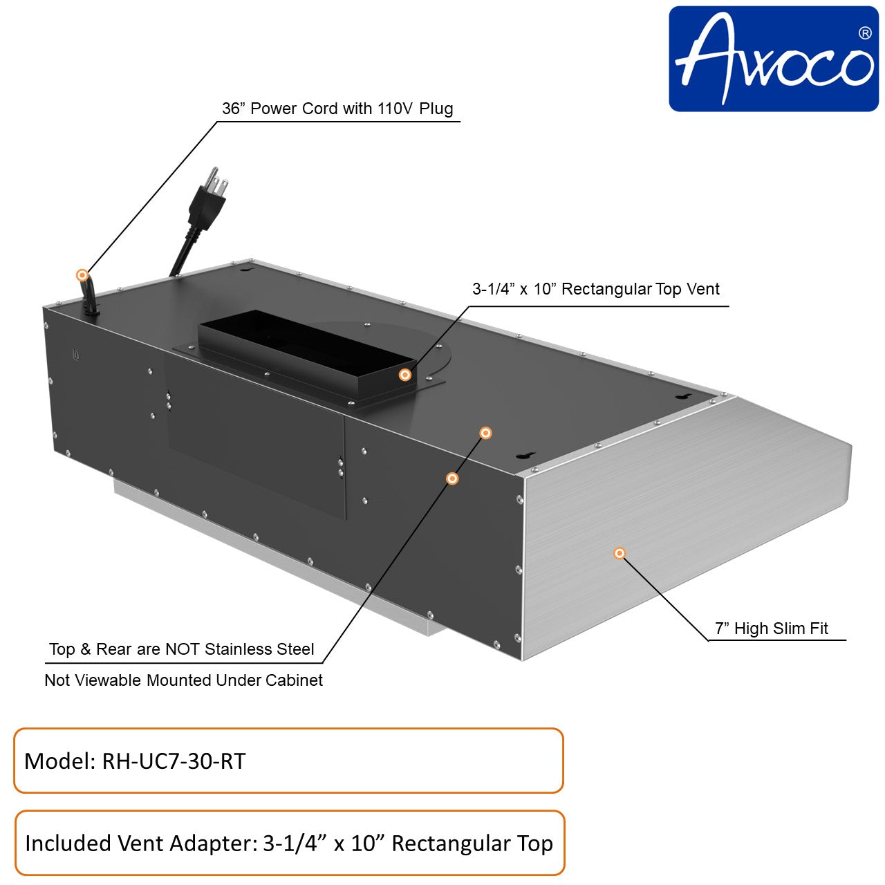 Awoco 30 inch Black Stainless Steel 3-1/4 x 10 inch Rectangular top vent under cabinet range hood with 8 inch top vent