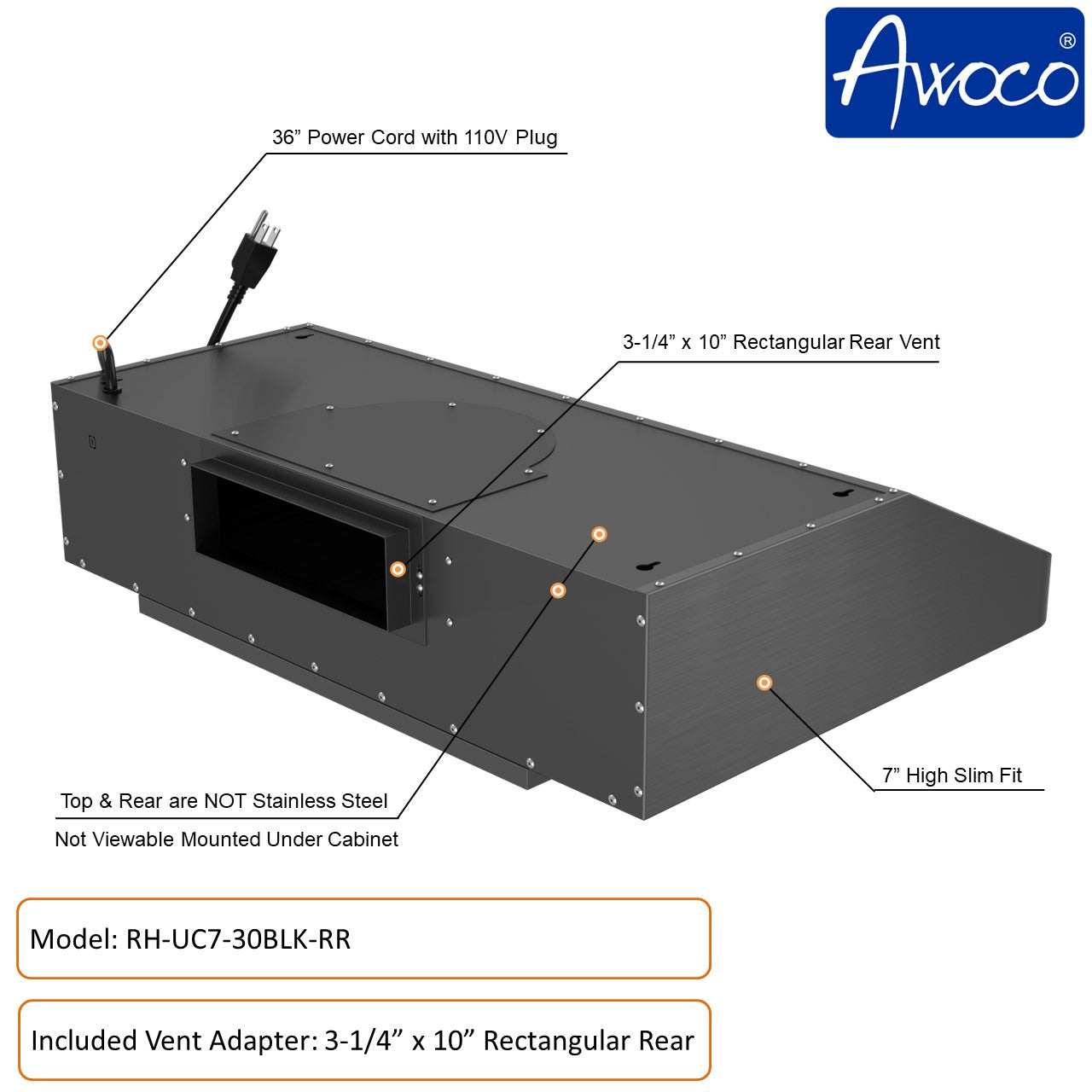 Awoco 36 inch Black Stainless Steel under cabinet range hood with 3-1/4" x 10" rear Rectangular Vent