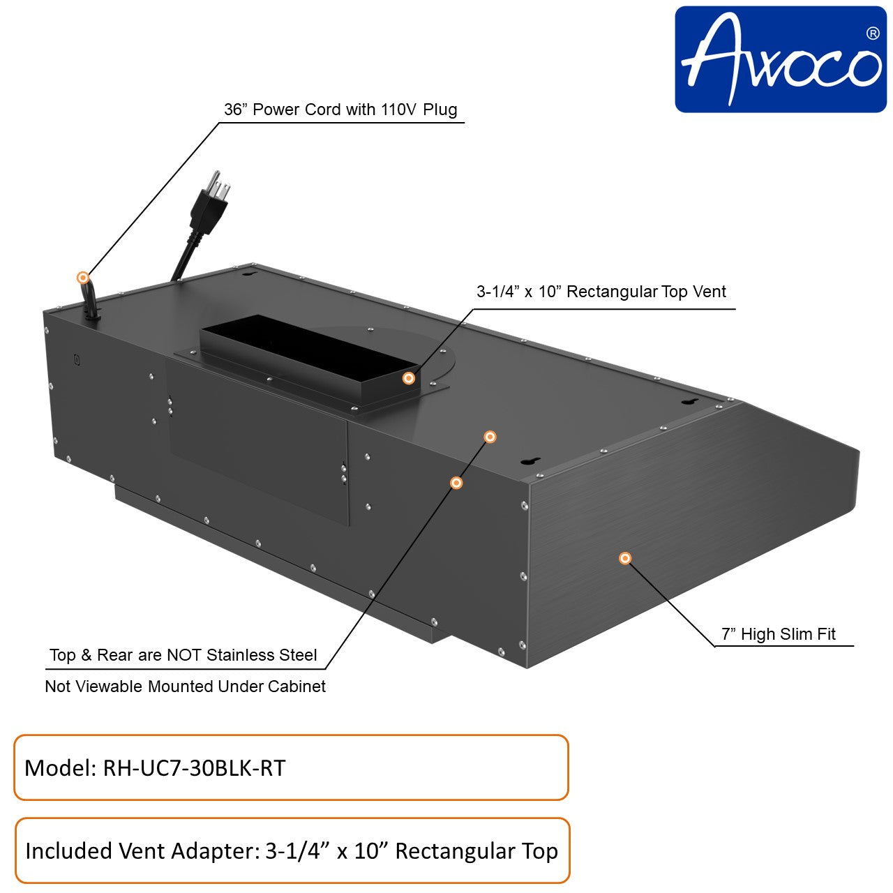 Awoco 30 inch Black Stainless Steel 3-1/4 x 10 inch Rectangular top vent under cabinet range hood with 8 inch top vent