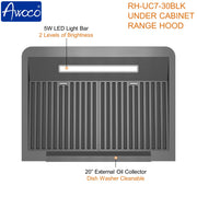 Black 30 inch Under Cabinet Range Hood Contemporary Kitchen with Bright LED Light Bars and Oil Collector