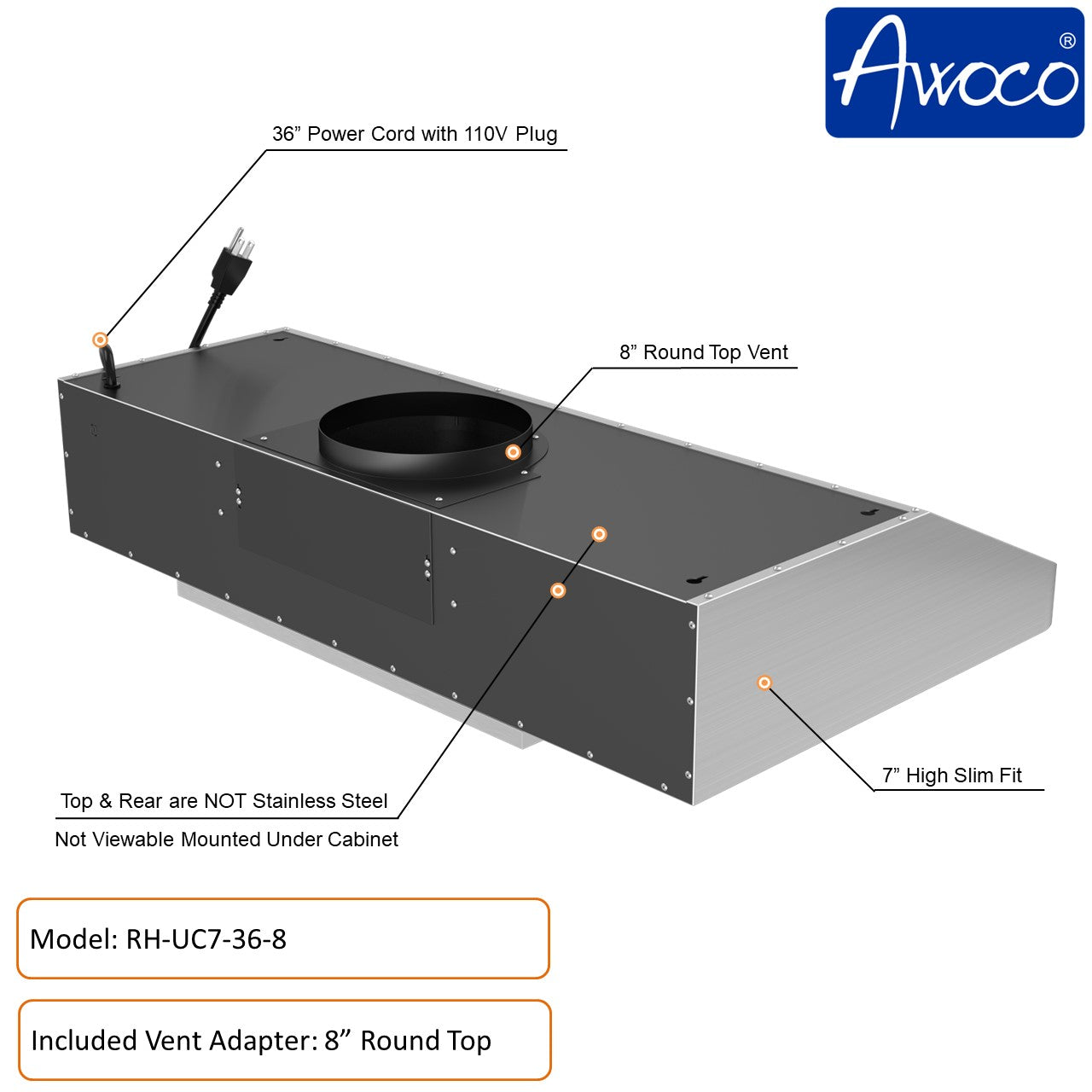 Awoco 36 inch Stainless Steel under cabinet range hood with 8 inch top vent