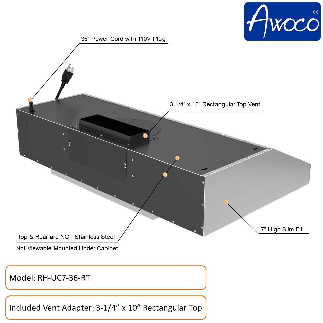 Awoco 36 inch Stainless Steel 3-1/4 x 10 inch Rectangular top vent under cabinet range hood with 8 inch top vent