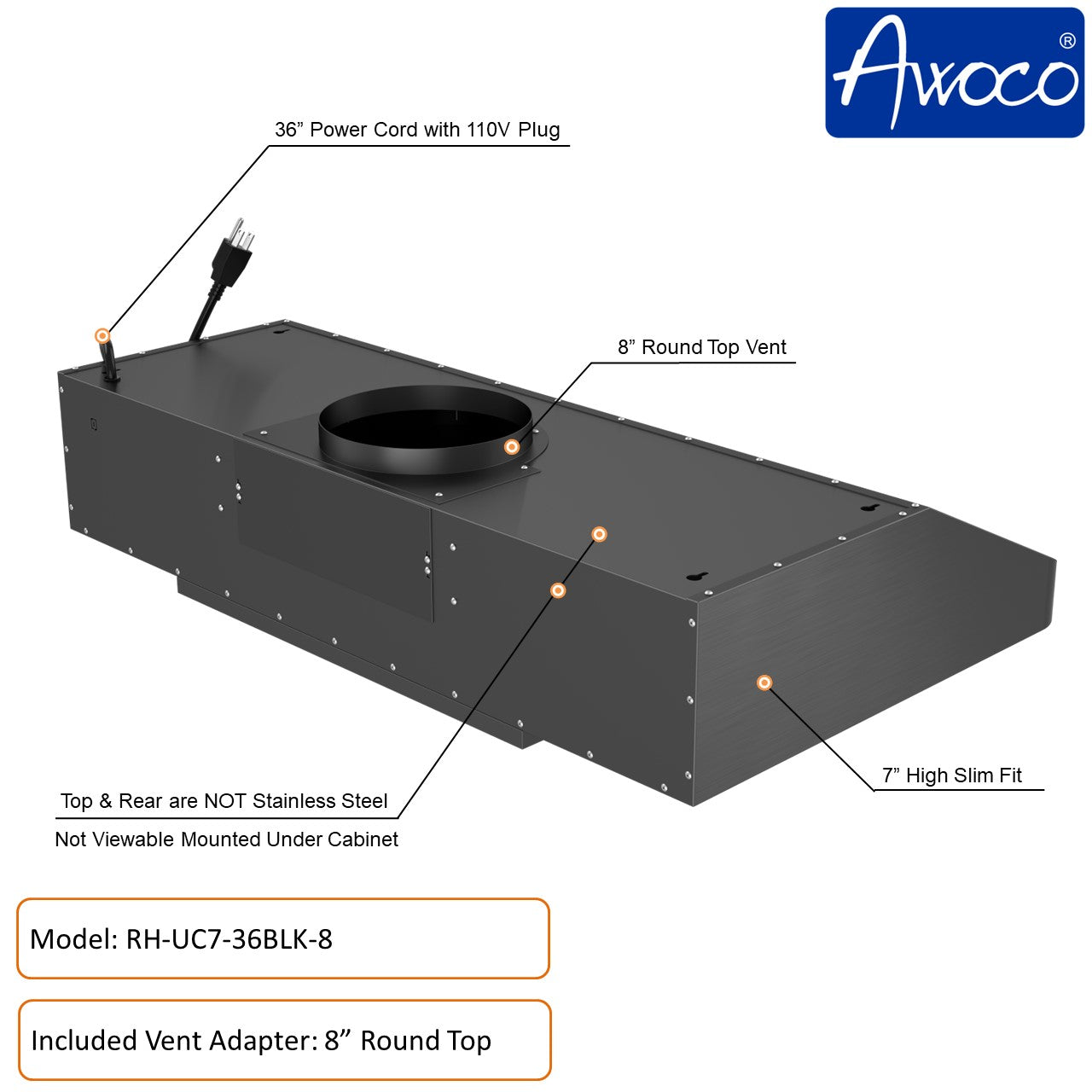 Awoco 36 inch Black Stainless Steel under cabinet range hood with 8 inch top vent
