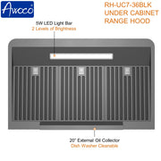Black 36 inch Under Cabinet Range Hood Contemporary Kitchen with Bright LED Light Bars and Oil Collector