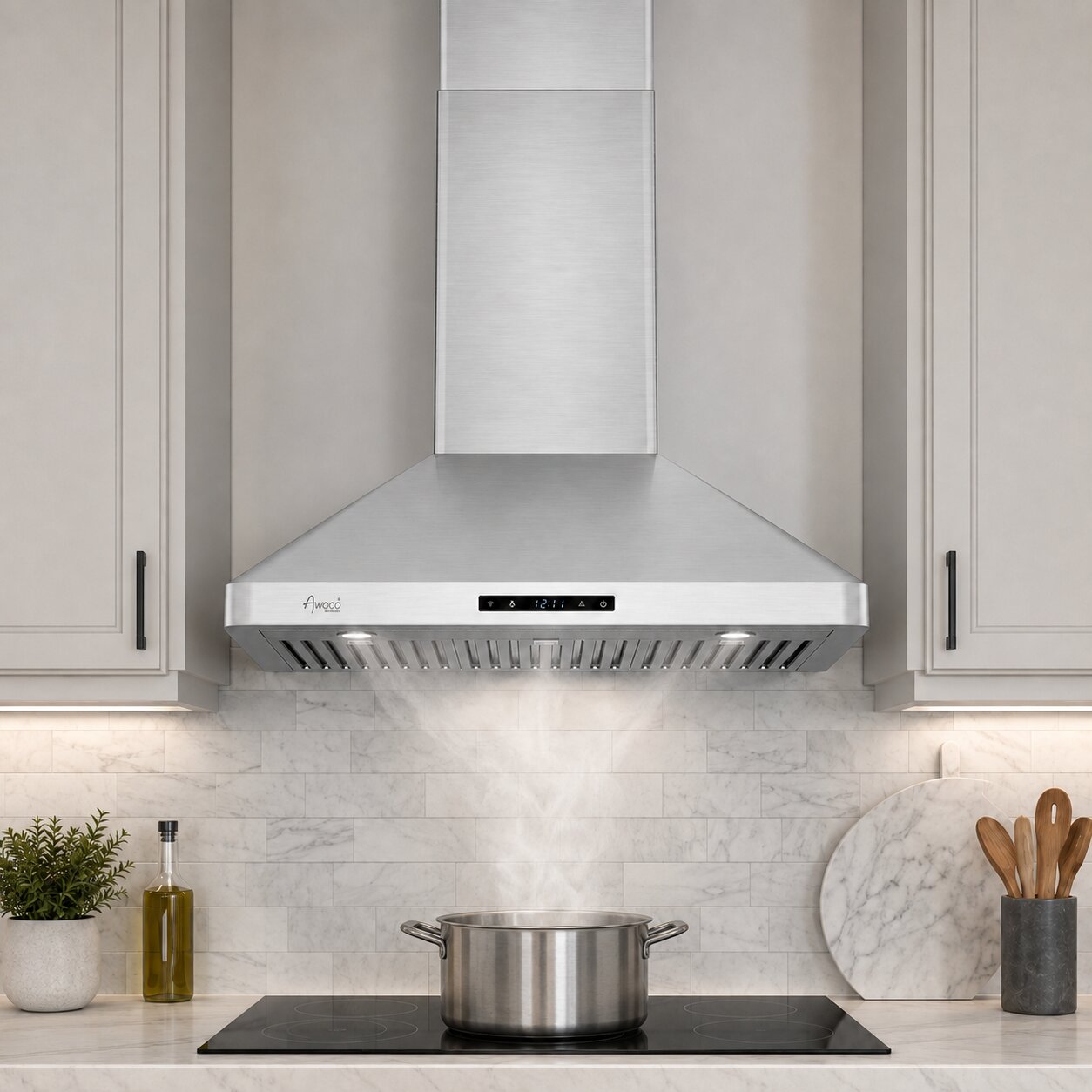A wall mount stainless steel range hood