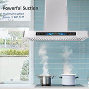 Awoco RH-WT-V wall mount range hood showing powerful 800 CFM suction in a modern kitchen with stainless steel design