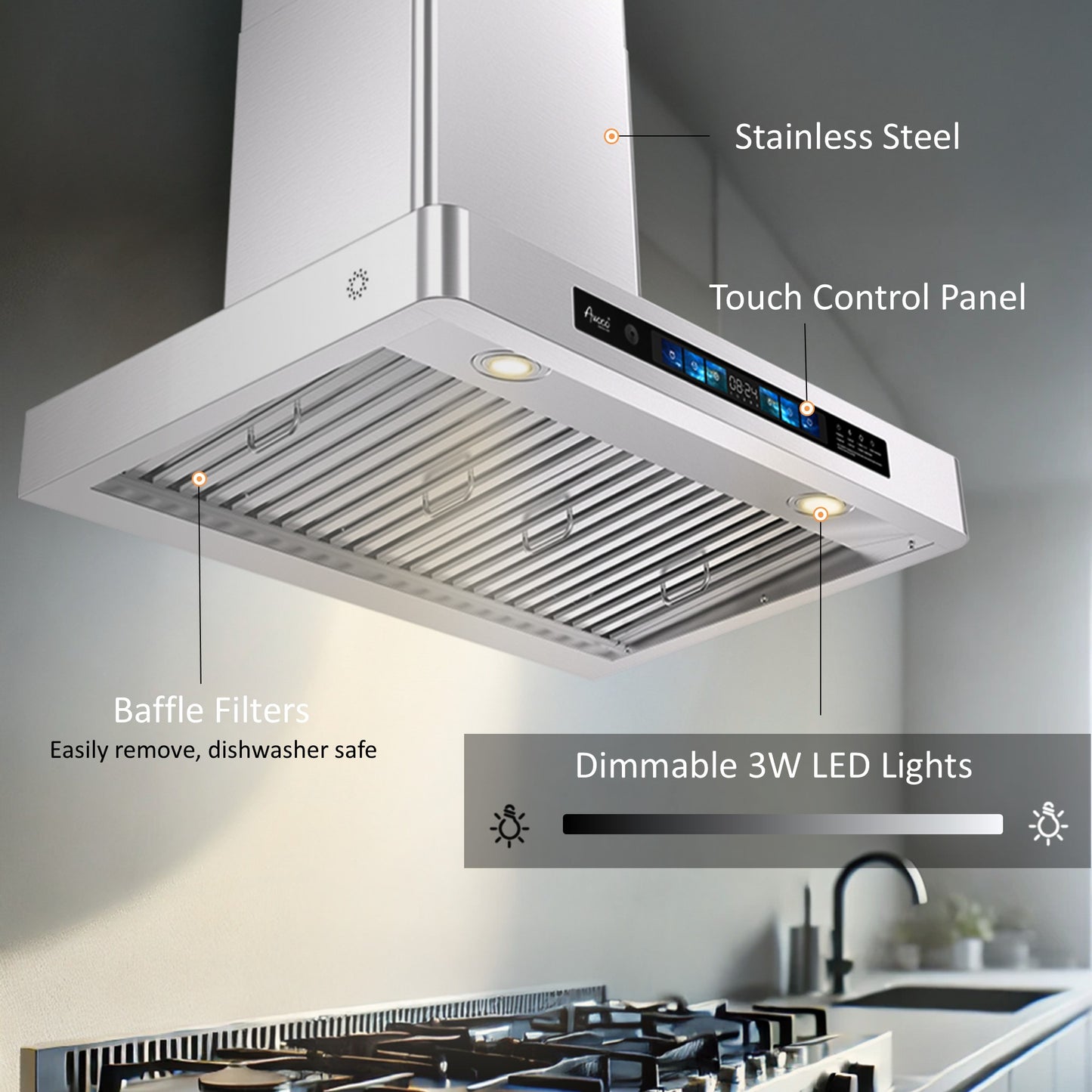 Awoco RH-WT-V range hood close-up showing stainless steel baffle filters and bright LED light bar