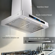 Awoco RH-WT-V range hood close-up showing stainless steel baffle filters and bright LED light bar