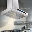 Awoco RH-WT-V range hood close-up showing stainless steel baffle filters and bright LED light bar