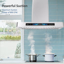 Awoco RH-WT-V wall mount range hood showing powerful 800 CFM suction in a modern kitchen with stainless steel design