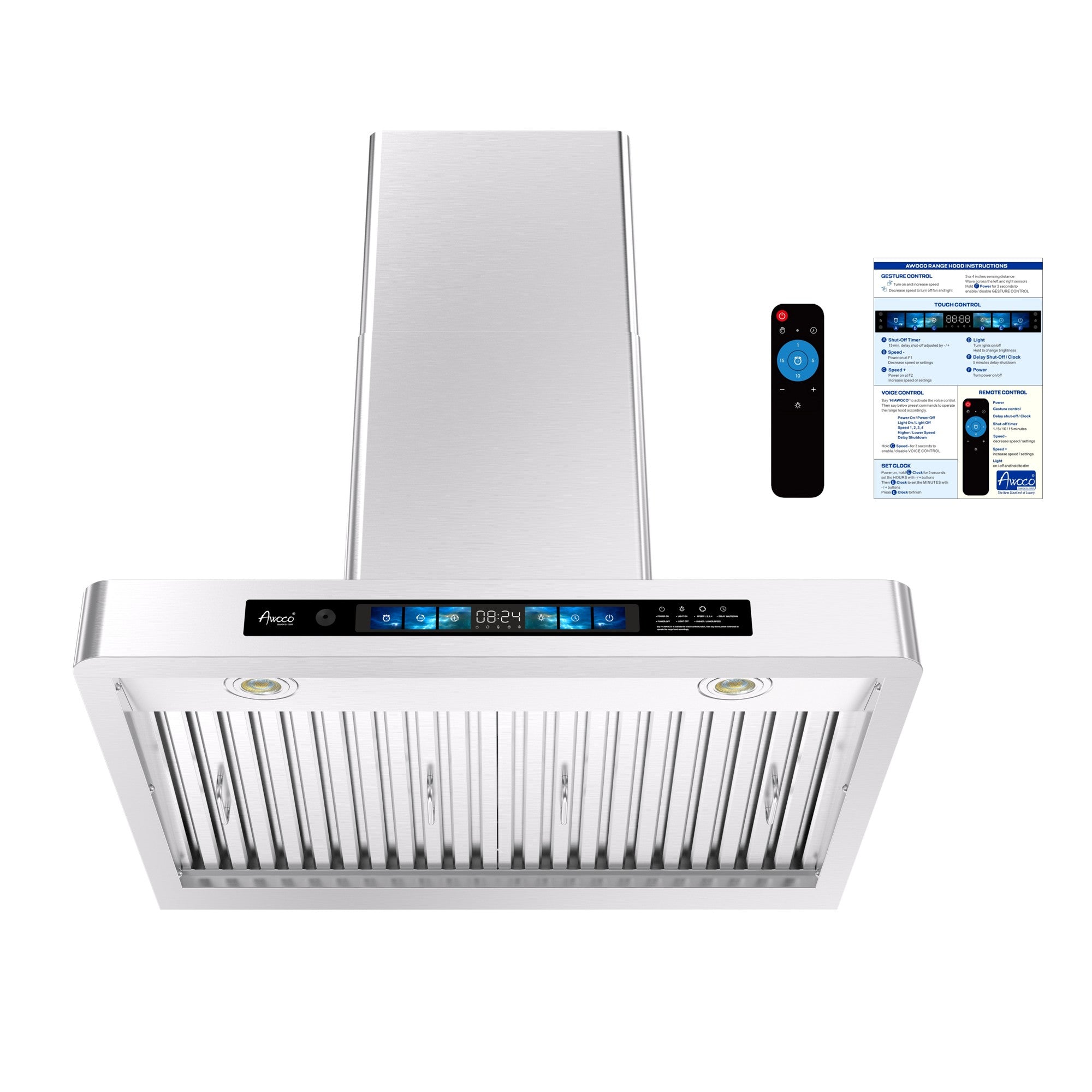 Awoco RH-WT-V 30 inch wall mount range hood with stainless steel body, 800 CFM airflow, LED lighting and digital touch control panel