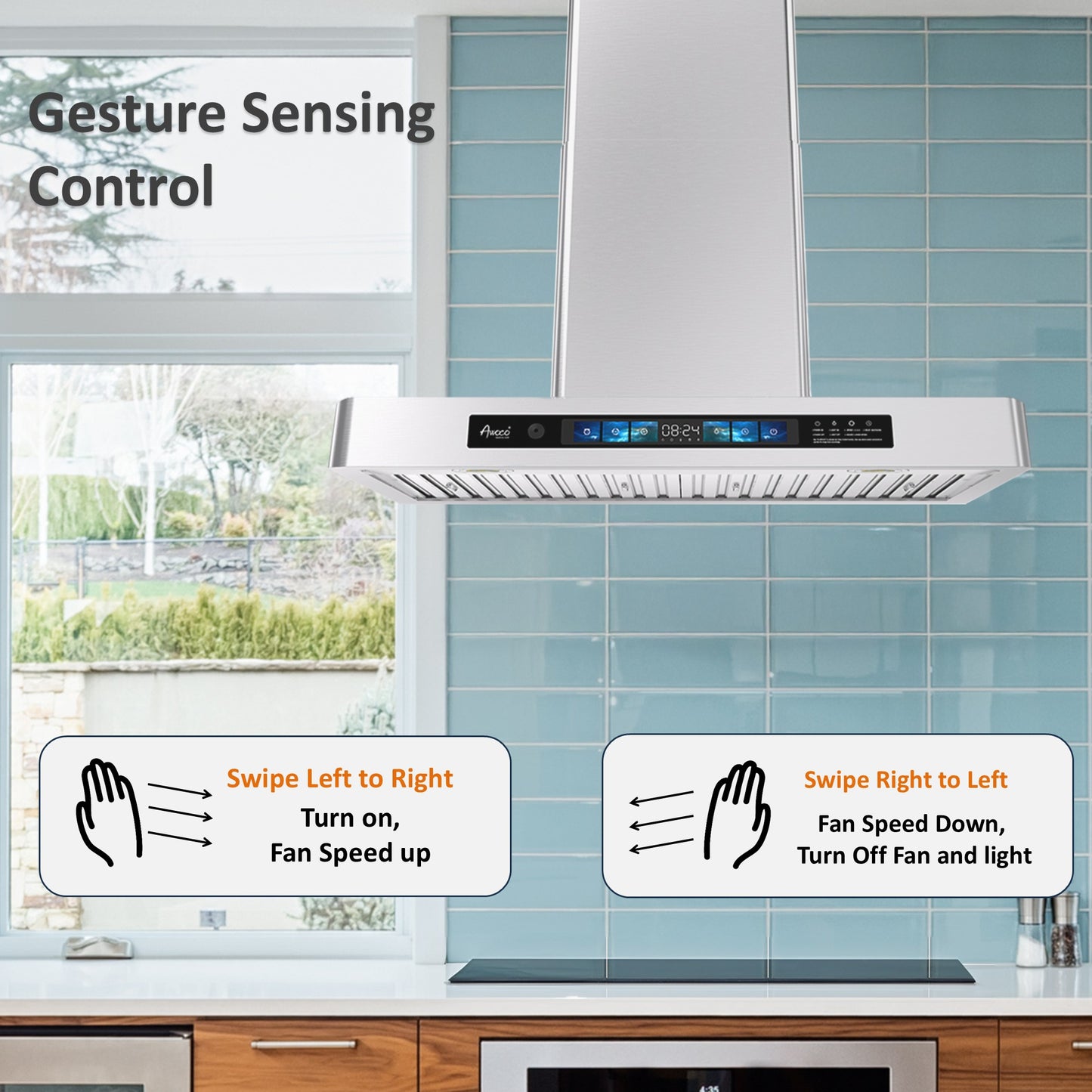 Awoco RH-WT-V wall mount range hood showing LED lights, gesture control area, voice control and high airflow design