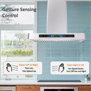 Awoco RH-WT-V wall mount range hood showing LED lights, gesture control area, voice control and high airflow design