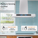 Awoco RH-WT-V wall mount range hood showing LED lights, gesture control area, voice control and high airflow design