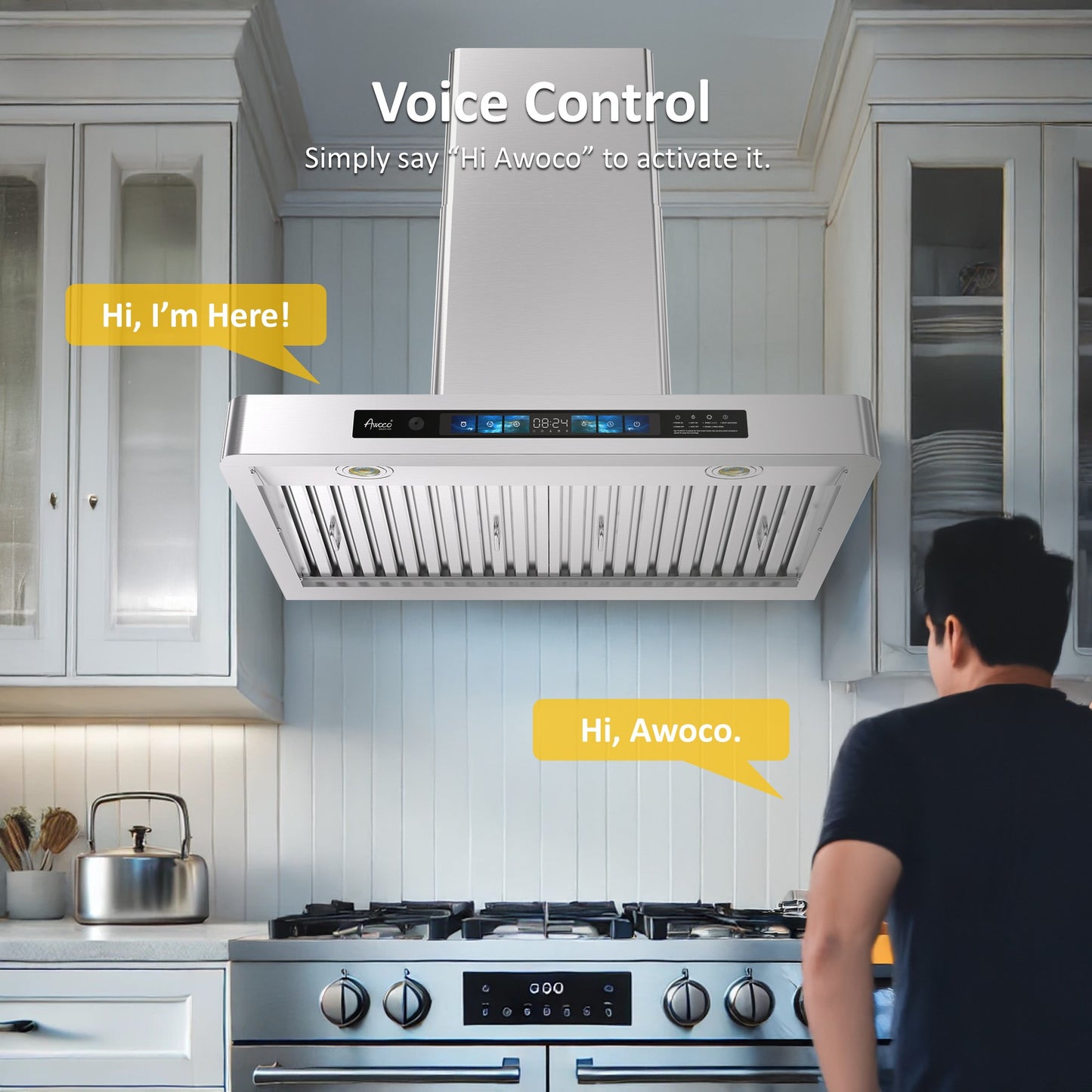 Awoco RH-WT-V wall mount range hood with voice control feature, activated by saying “Hi Awoco,” shown in a modern kitchen setting
