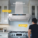 Awoco RH-WT-V wall mount range hood with voice control feature, activated by saying “Hi Awoco,” shown in a modern kitchen setting