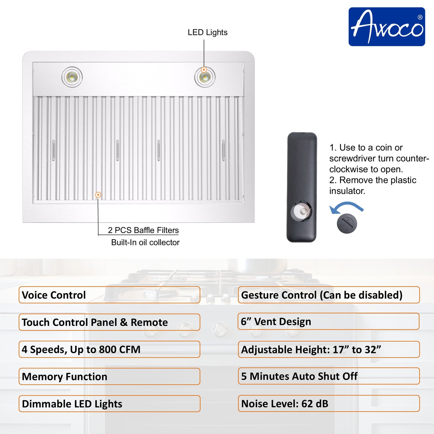 Awoco RH-WT-V wall mount range hood with LED lights, two stainless steel baffle filters, built-in oil collector, and remote battery compartment instructions