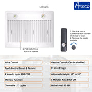 Awoco RH-WT-V wall mount range hood with LED lights, two stainless steel baffle filters, built-in oil collector, and remote battery compartment instructions