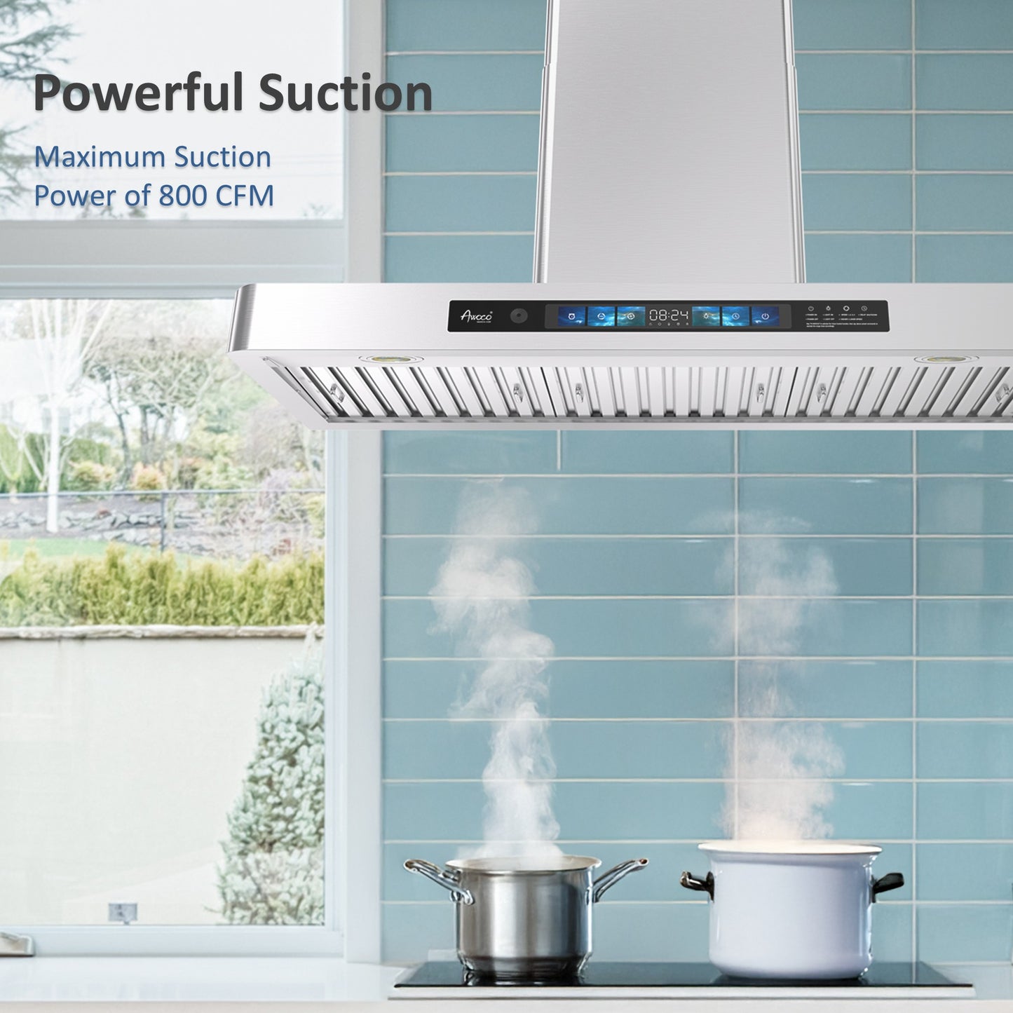Awoco RH-WT-V 36 inch wall mount range hood showing powerful 800 CFM suction in a modern kitchen with stainless steel design