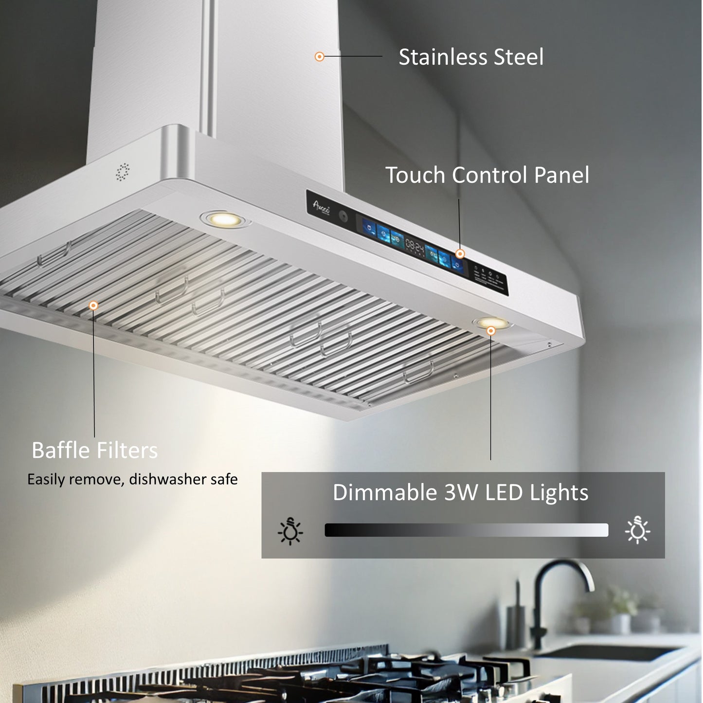 Awoco RH-WT-V 36 inch range hood close-up showing stainless steel baffle filters and bright LED light bar
