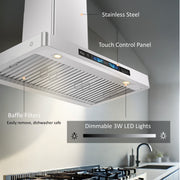Awoco RH-WT-V 36 inch range hood close-up showing stainless steel baffle filters and bright LED light bar