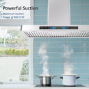 Awoco RH-WT-V 36 inch wall mount range hood showing powerful 800 CFM suction in a modern kitchen with stainless steel design
