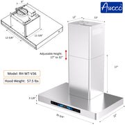 Awoco RH-WT-V 36 inch wall mount range hood with chimney dimensions, 17 to 32 inch adjustable height, and 6 inch top vent layout