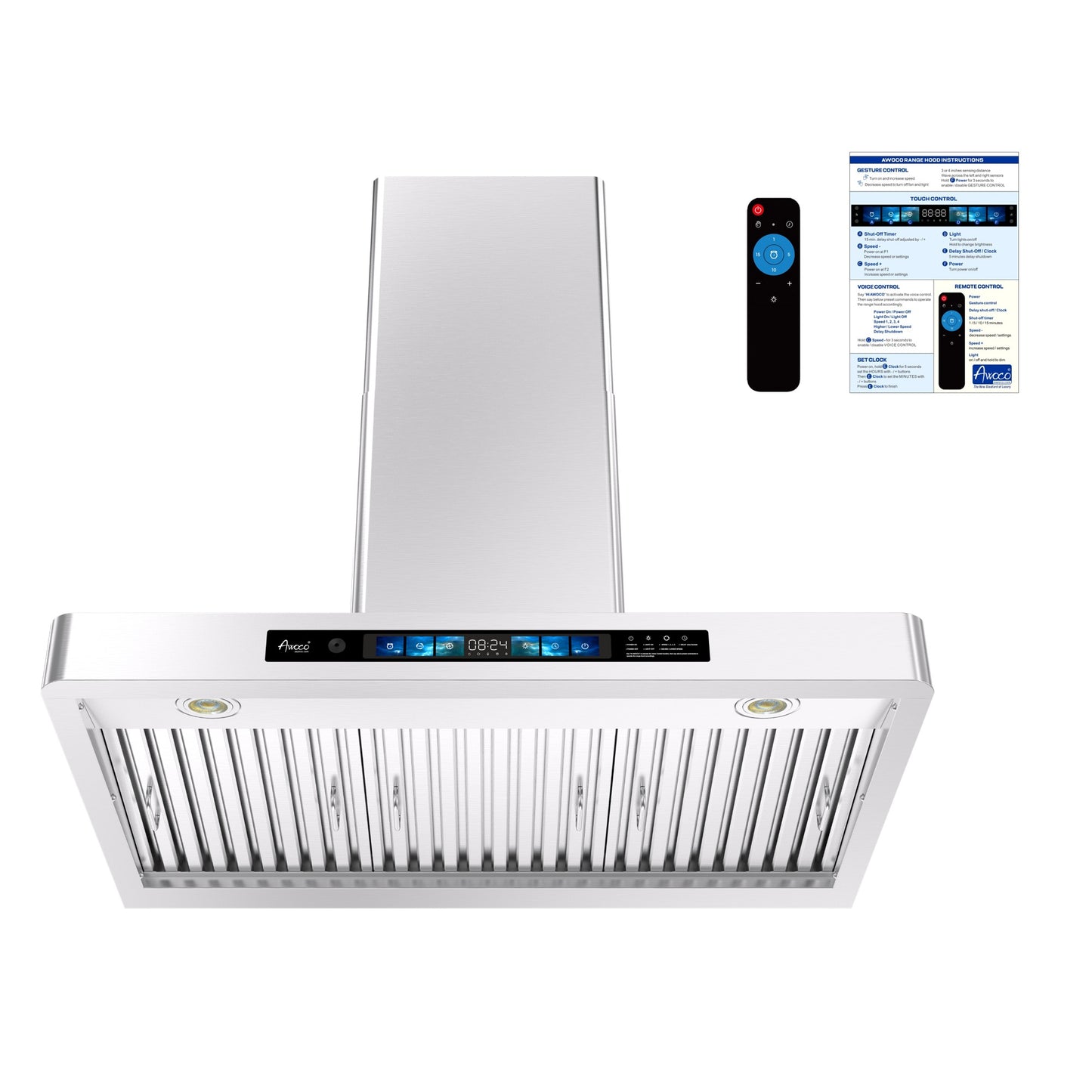 Awoco RH-WT-V 36 inch wall mount range hood with stainless steel body, 800 CFM airflow, LED lighting and digital touch control panel
