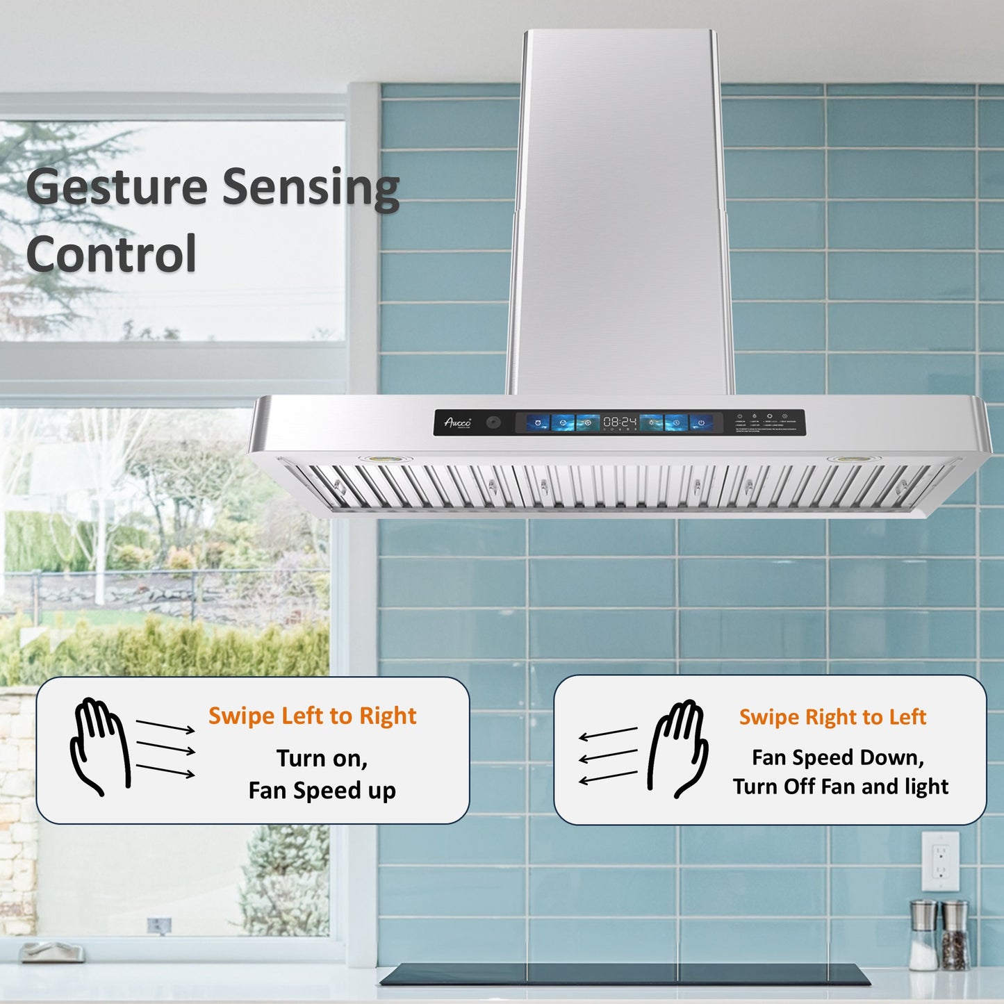 Awoco RH-WT-V 36 inch wall mount range hood showing LED lights, gesture control area, voice control and high airflow design