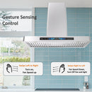 Awoco RH-WT-V 36 inch wall mount range hood showing LED lights, gesture control area, voice control and high airflow design