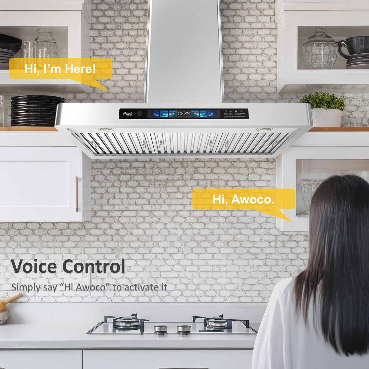 Awoco RH-WT-V 36 inch wall mount range hood with voice control feature, activated by saying “Hi Awoco,” shown in a modern kitchen setting