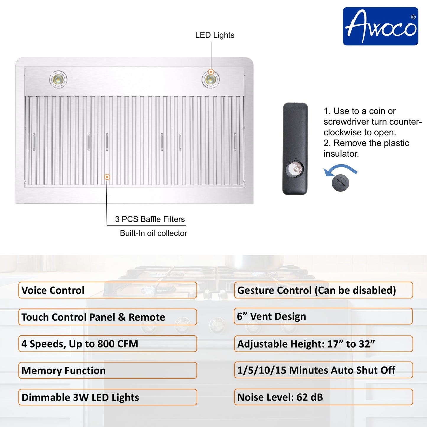 Awoco RH-WT-V 36 inch wall mount range hood with LED lights, two stainless steel baffle filters, built-in oil collector, and remote battery compartment instructions
