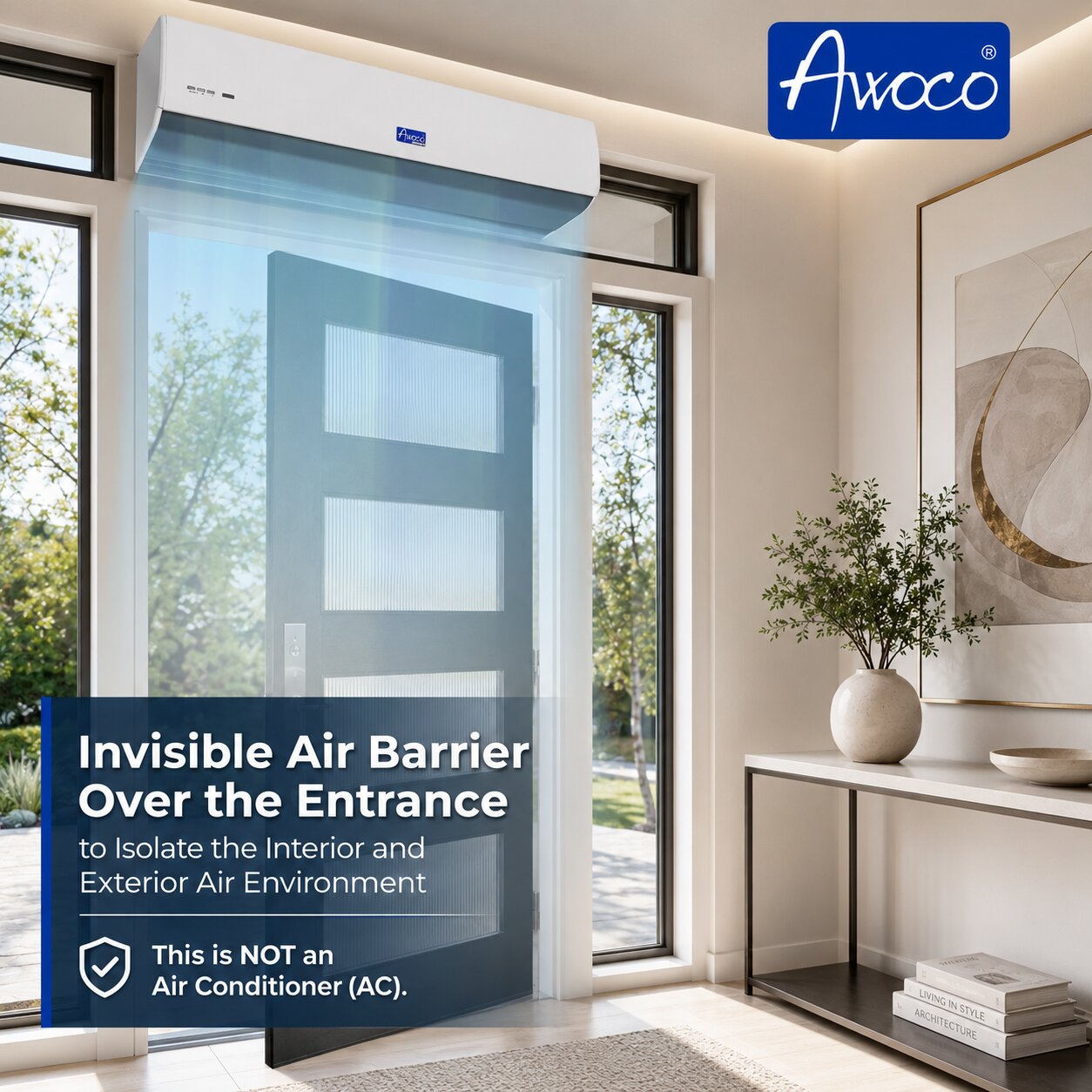 Invisible air barrier over the entrance to isolate the interior and exterior air environment.