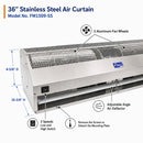36" stainless steel air curtain, 2 aluminum fan wheels, adjustable angle air deflector.