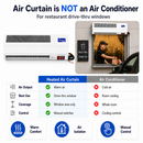 An infographic comparing an air curtain product with an air conditioner, featuring a white heated air curtain unit, a real-world installation photo, and a feature comparison table.