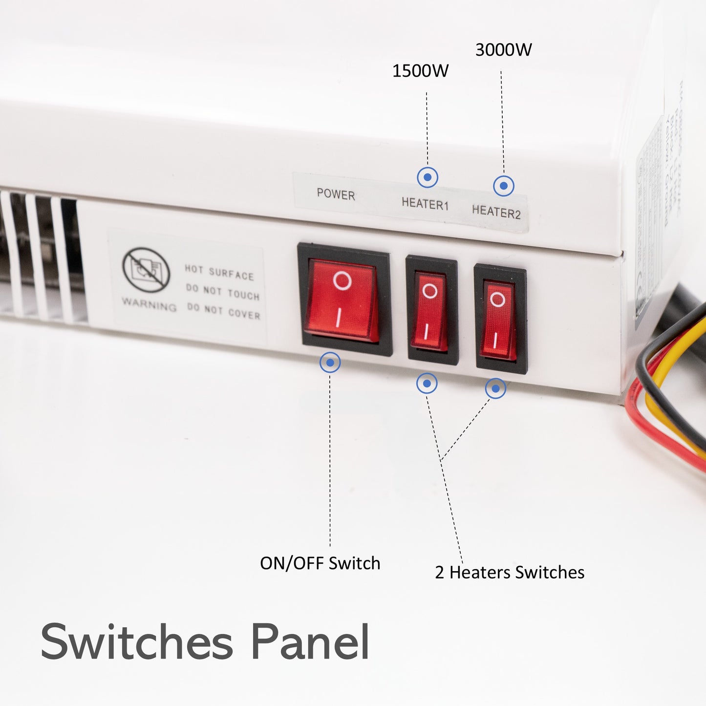 2 Heaters Switches: 1500W and 3000W, ON/OFF Switch.