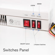 2 Heaters Switches: 1500W and 3000W, ON/OFF Switch.