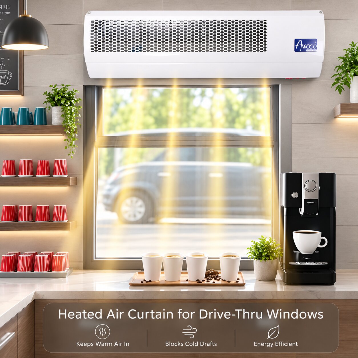 Heated air curtain for drive-thru windows.